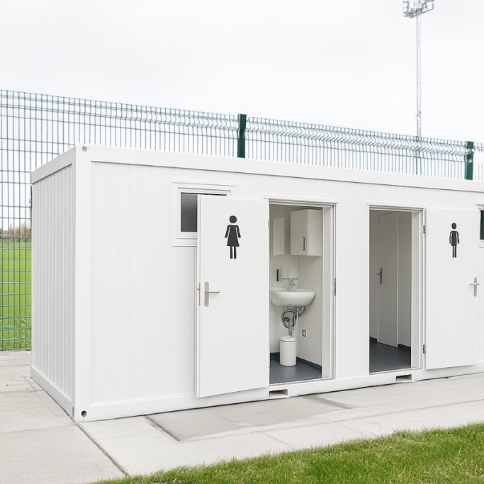 Sports Sanitary Units Steel sanitary unit outside a 3G football pitch, set on a concrete surface with surrounding fencing and pitch in the background.
