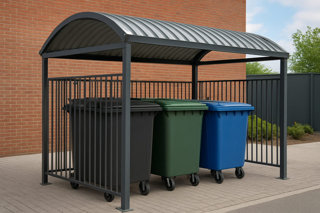 Bin Shelters Fabricated bin canopy shelter for residential, commercial and industrial uses for a clean aesthetic appearance installed across the UK. Cust