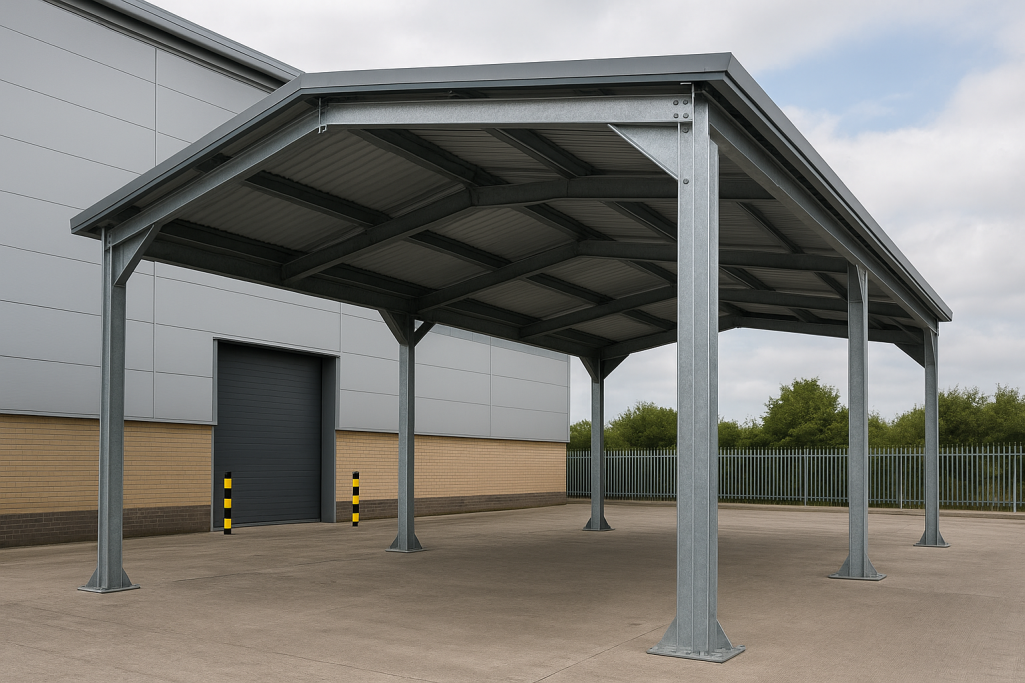 Industrial Canopies Industrial shelter canopy fabricated by Gateway Fabrications in Hull and Wellingborough and delivered nationwide. Custom build to your spec.