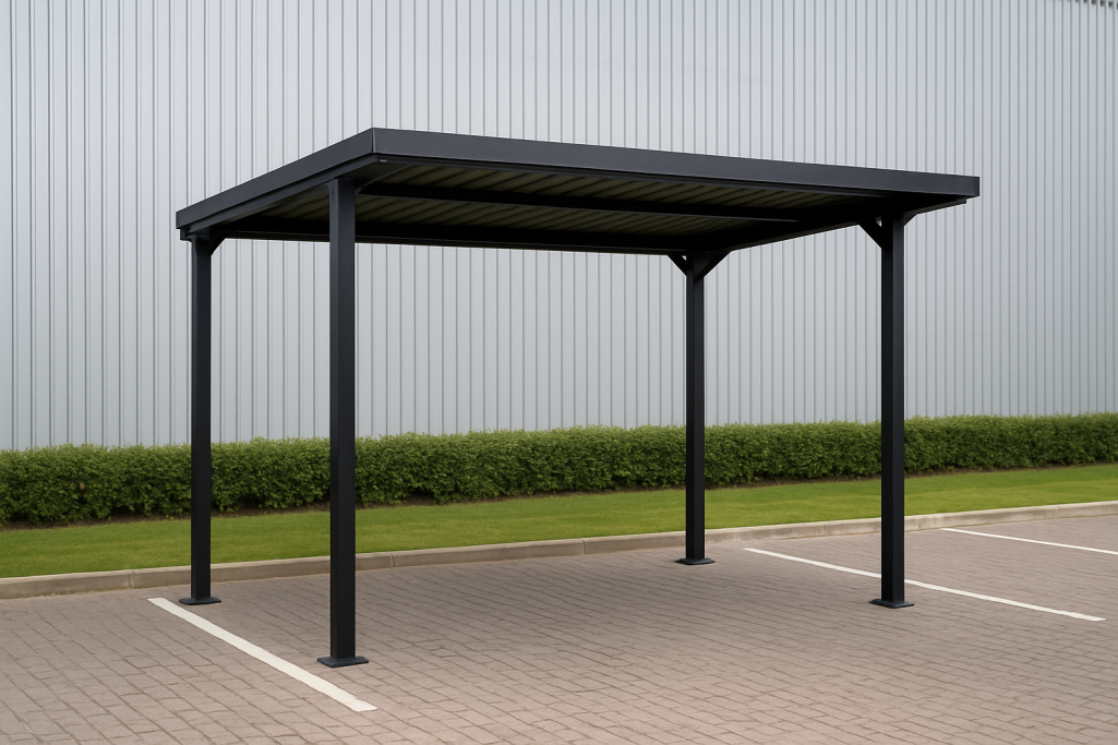 Vehicle Shelter Fabricated black steel matte vehicle shelter canopy made in the UK by Gateway Fabrications Hull. Protect your vehicles today!
