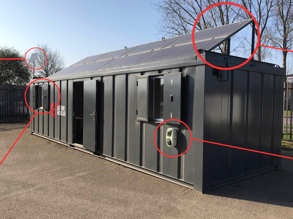 Gateway Modular Units Featuring EV Charging, Solar Power, Wind Power, Energy Rated Windows and durable steel perfect for construction sites.