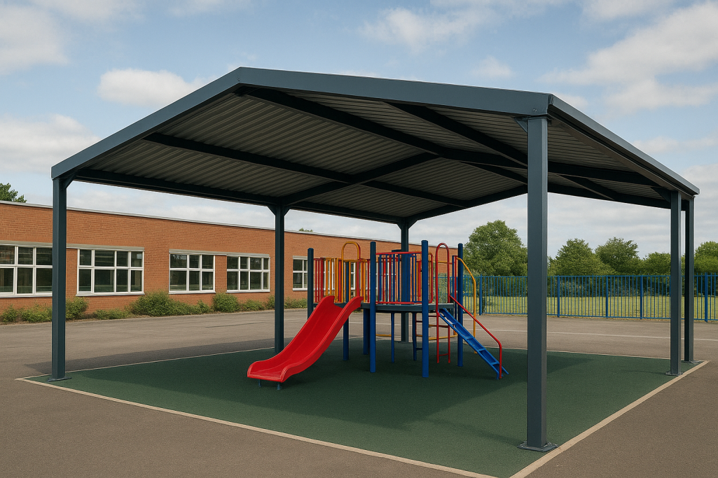 School Playground Canopy Fabricated steel playground canopy shelter for schools in the UK made by Gateway Fabrications delivered nationwide