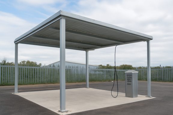 Car Wash Canopy An open-sided canopy with a metal frame and sloped roof, perfect for car wash stations. It protects vehicles from the elements while allowin