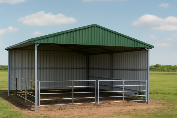 Steel Agricultural Shelter Steel agricultural shelter with a green roof and open sides in a rural field, providing shelter for equipment or livestock in the UK.