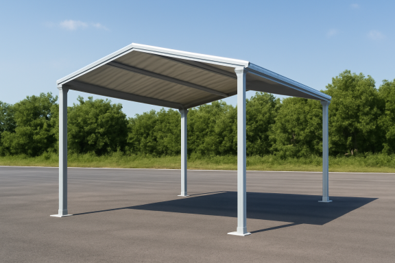 Freestanding Canopy This freestanding canopy features a sleek galvanized steel frame with a sloped corrugated roof, providing versatile shelter.
