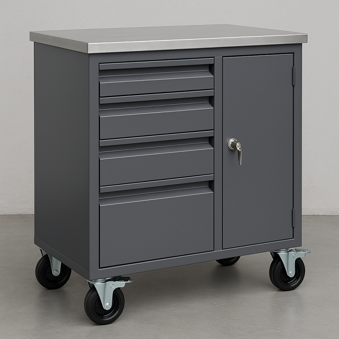 Custom Tool Trolly Grey metal storage cart on wheels with five drawers and a locking cabinet.