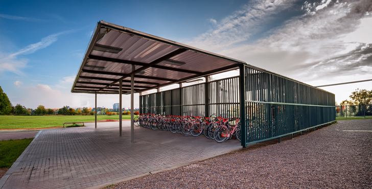 Bike Shelter Fabricated steel bike shelter made by Gateway Fabrications in the UK for schools and educational facilities.