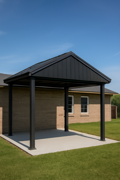 Custom Gable Roof Shelter Custom gable roof shelter by Gateway Fabrications for schools, offering weatherproof protection over entryways and walkways. Durable, steel