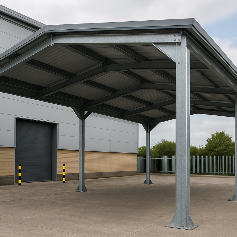 Custom steel canopy industrial shelter by Gateway Fabrications, providing durable weatherproof protection for businesses. Ideal for outdoor