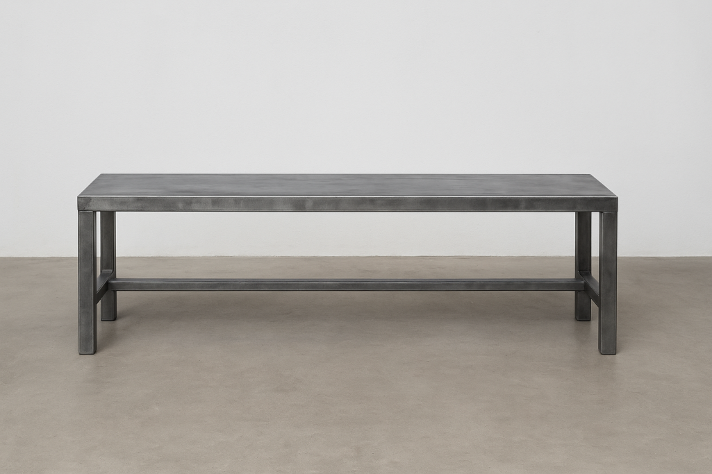 Custom Work Bench Grey wooden bench with a simple rectangular design and sturdy legs.
