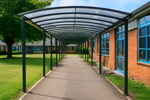Walkway Shelters Custom walkway shelter with a curved polycarbonate roof and steel frame, providing all-weather protection for school pathways. The shelter i