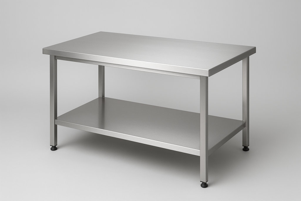 Steel Worktop Stainless steel kitchen work table with a lower shelf.