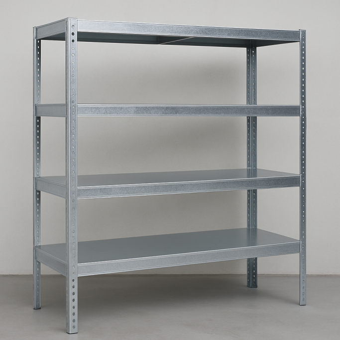 Steel Shelving Unit Metal shelving unit with four shelves, standing upright against a plain wall.