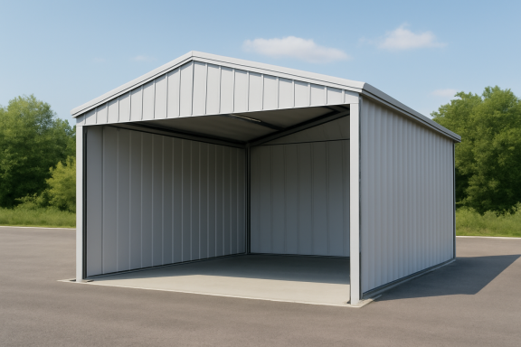 Enclosed Canopies Enclosed metal canopy with a pitched roof and solid walls, offering weather protection for storage, equipment housing, or vehicles. Commonly