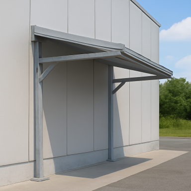 Wall-Mounted Galvanized Steel Canopy A sleek, wall-mounted canopy with a galvanized steel frame, featuring a corrugated roof and sturdy support beams.